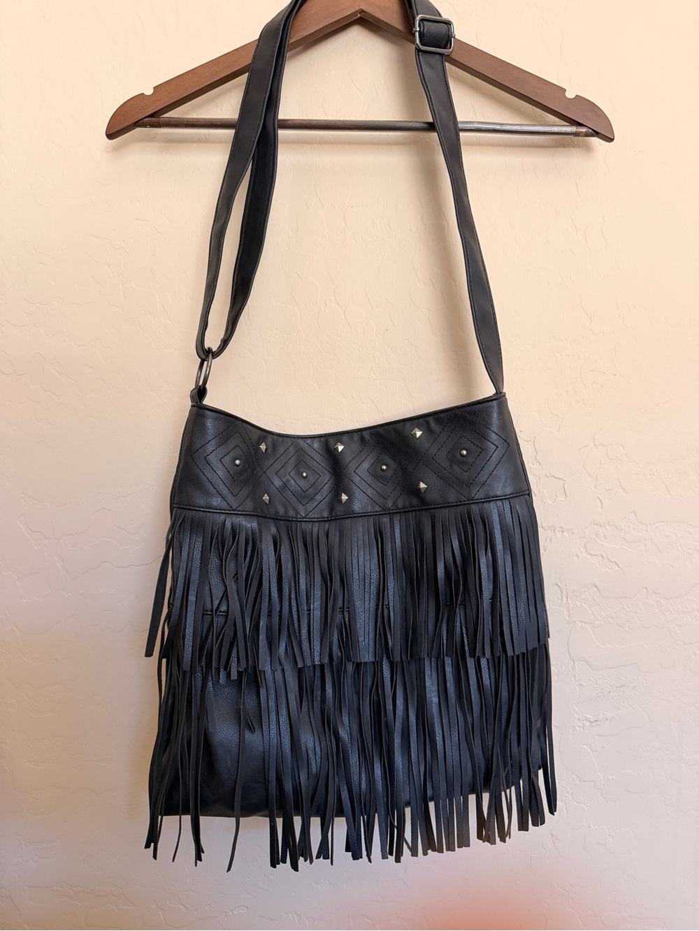 Black Fringe Studded Crossbody Bag Boho Western Festival Purse